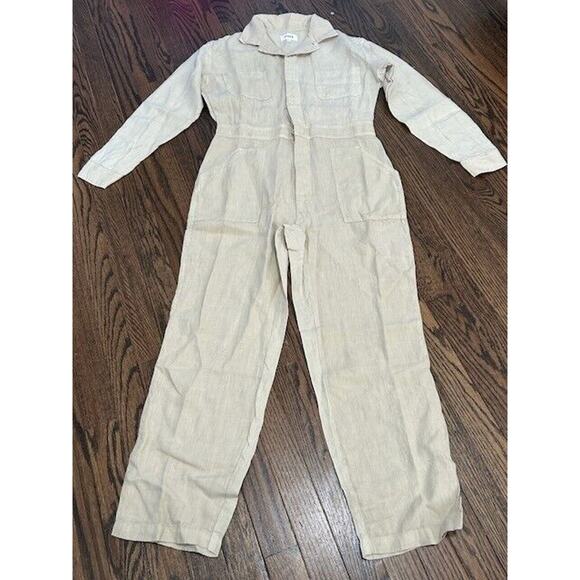 Mate The Label Linen Jumpsuit Long Sleeves Button Front Pockets Beige Small NEW - Picture 2 of 9